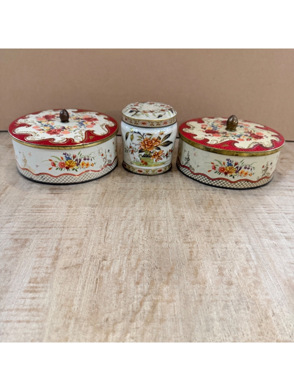 Vintage Floral Tin Canister Lot of 3 Daher Made in England Red Gold Storage Tins